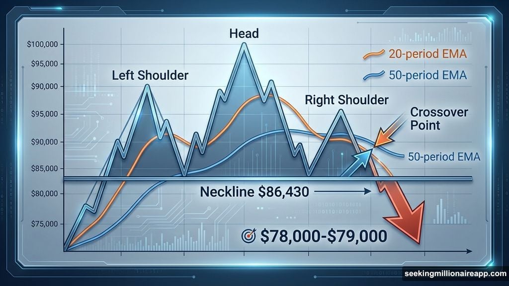 Head-and-shoulders pattern forms with neckline at $86,430 support level