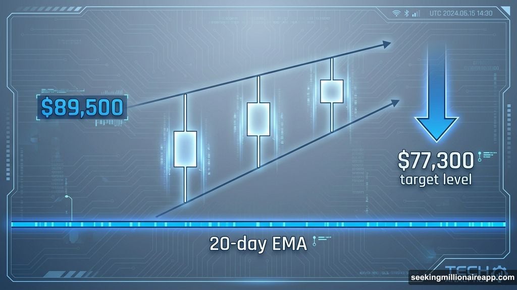 Doji candles show hesitation at rising wedge pattern support