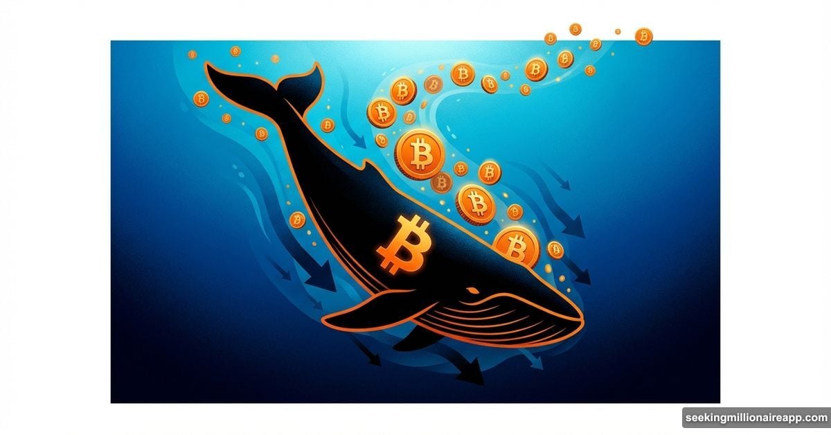 Bitcoin whale sinking downward releasing coins illustrating large holder selloff