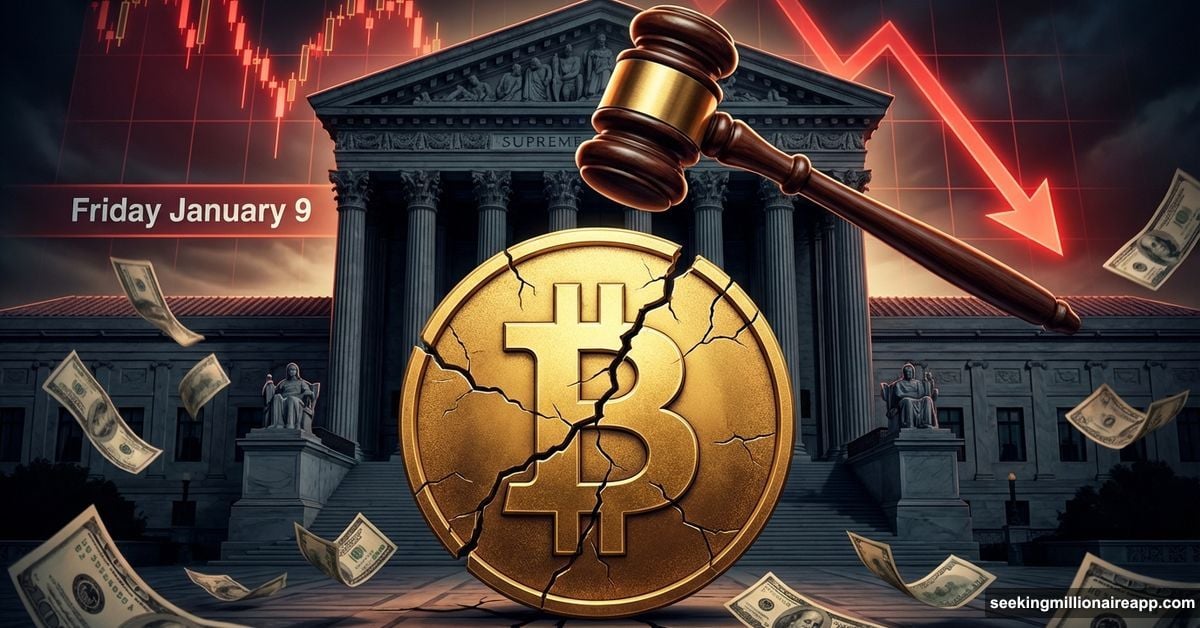 Cracked Bitcoin symbol beneath Supreme Court building with descending gavel