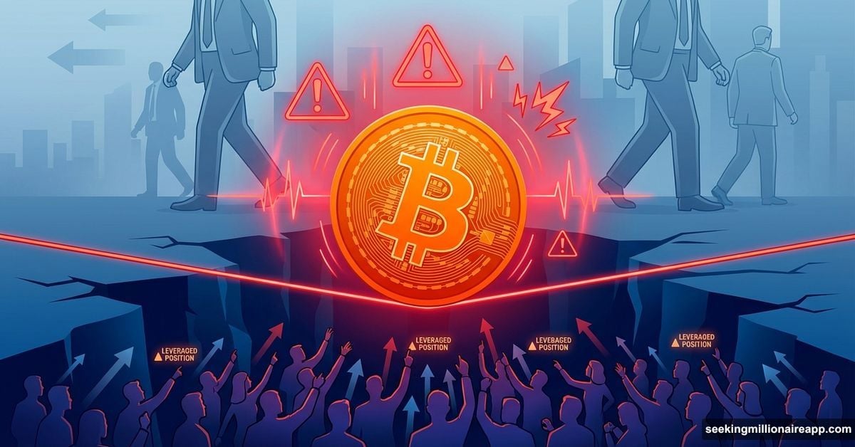 Bitcoin coin balanced precariously with traders below and institutions departing