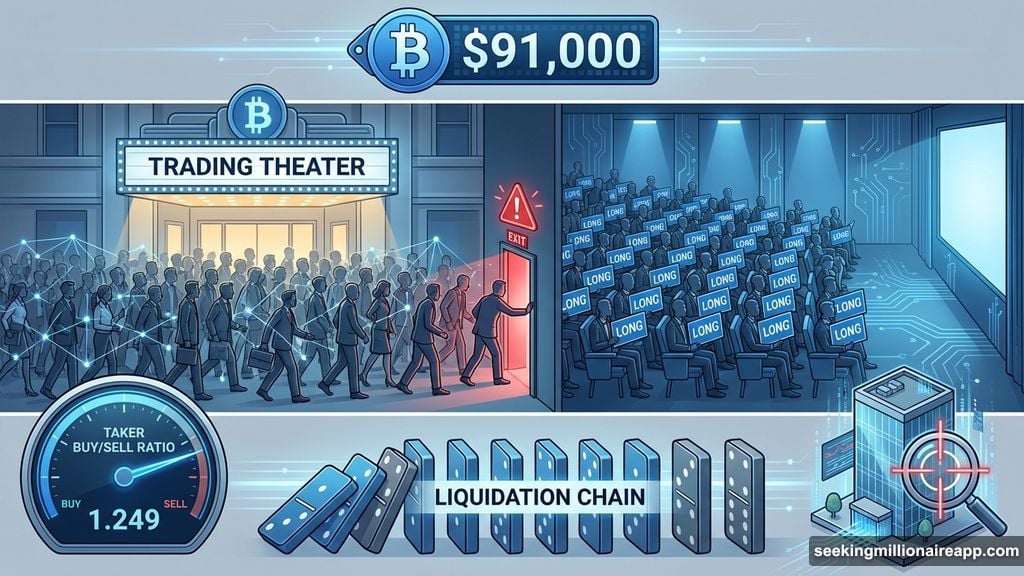 Overleveraged long positions create liquidation cascade like crowded theater exits