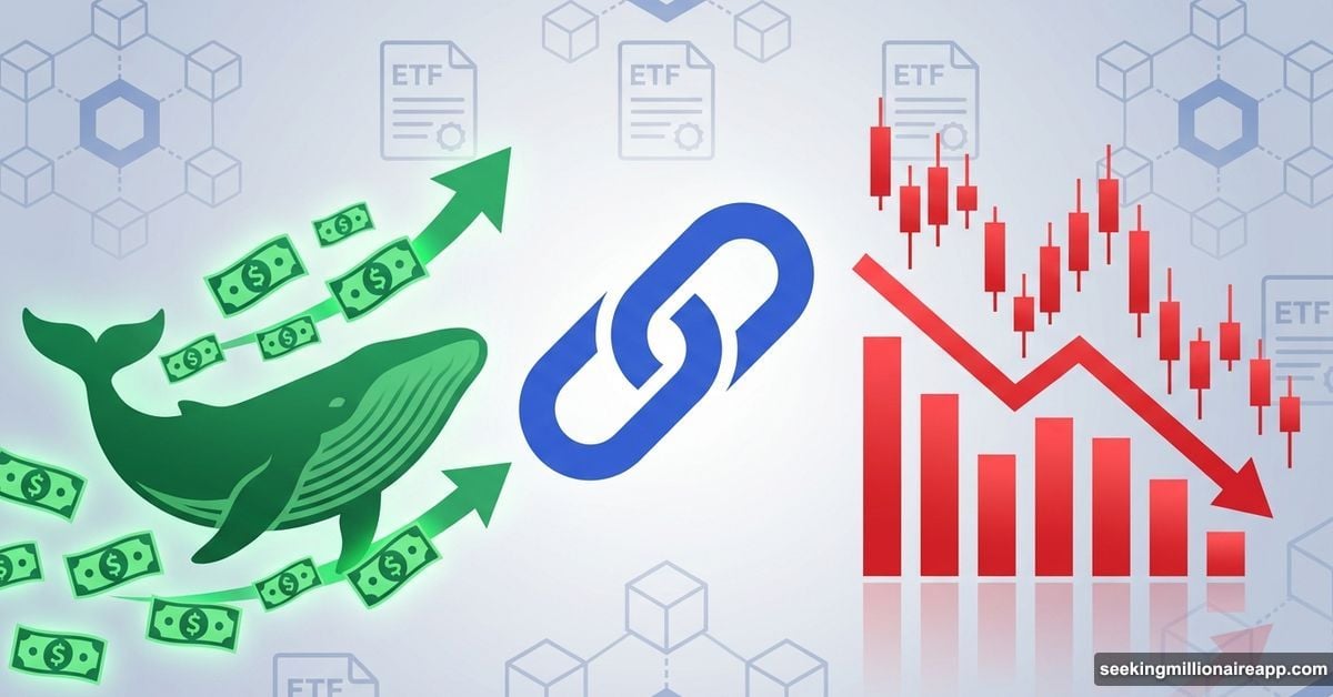 Whale accumulating Chainlink with dollar signs versus declining price chart