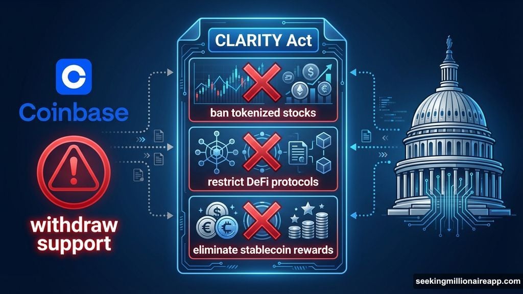 CLARITY Act provisions ban tokenized stocks restrict DeFi eliminate stablecoin rewards