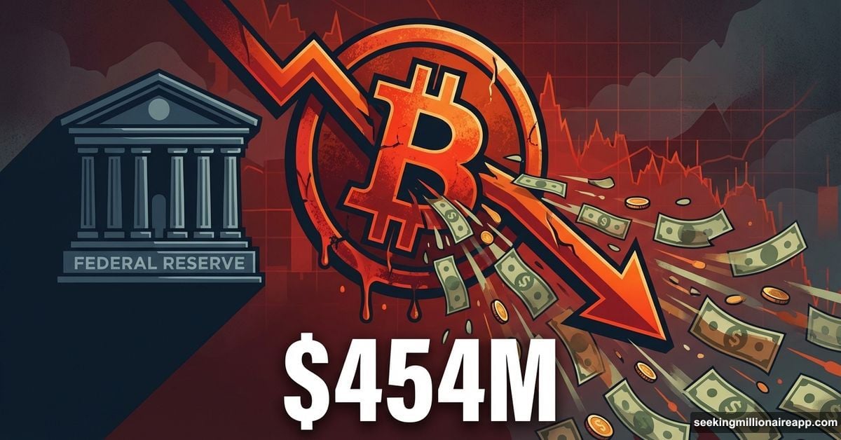Bitcoin symbol bleeding money with Federal Reserve building and downward arrow