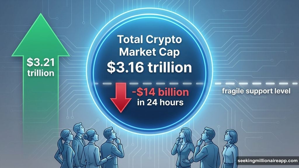Total crypto market cap drops to $3.16 trillion support level