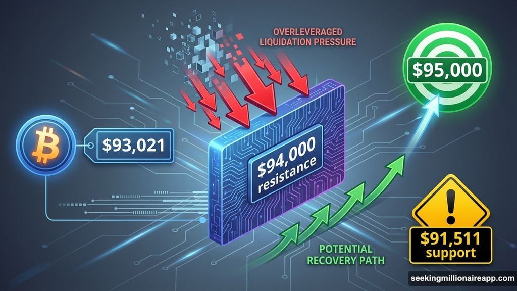 Bitcoin struggles below $94,000 resistance after liquidation-driven pressure