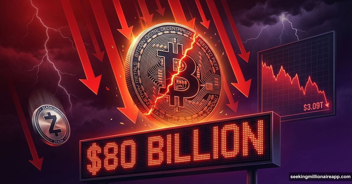 Cracking Bitcoin coin with downward arrows and $80 billion loss display
