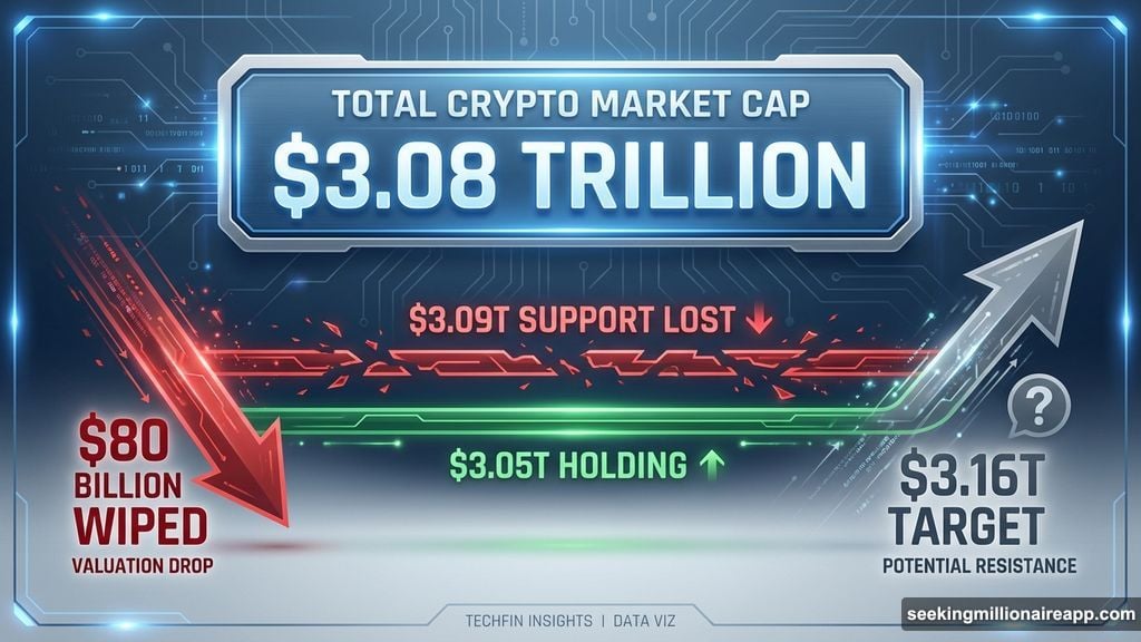 Total crypto market cap lost key $3.09 trillion support level