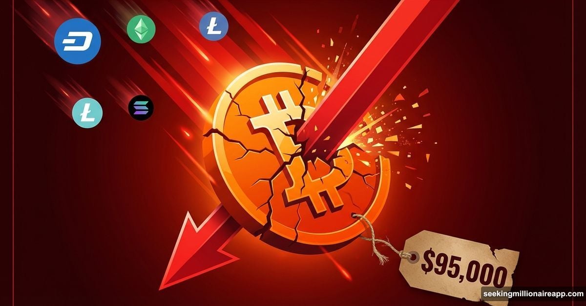 Bitcoin coin falling with downward arrow showing crypto market crash