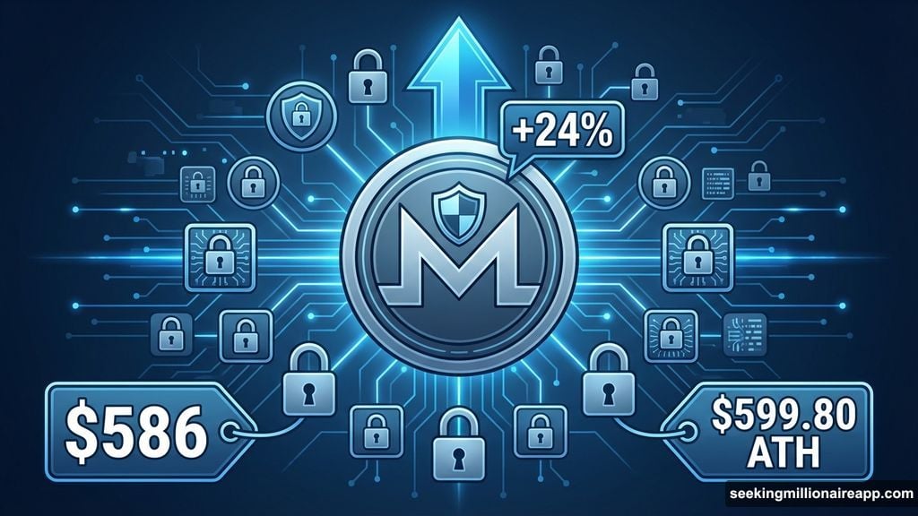 Monero surges twenty-four percent reaching new all-time high near $600