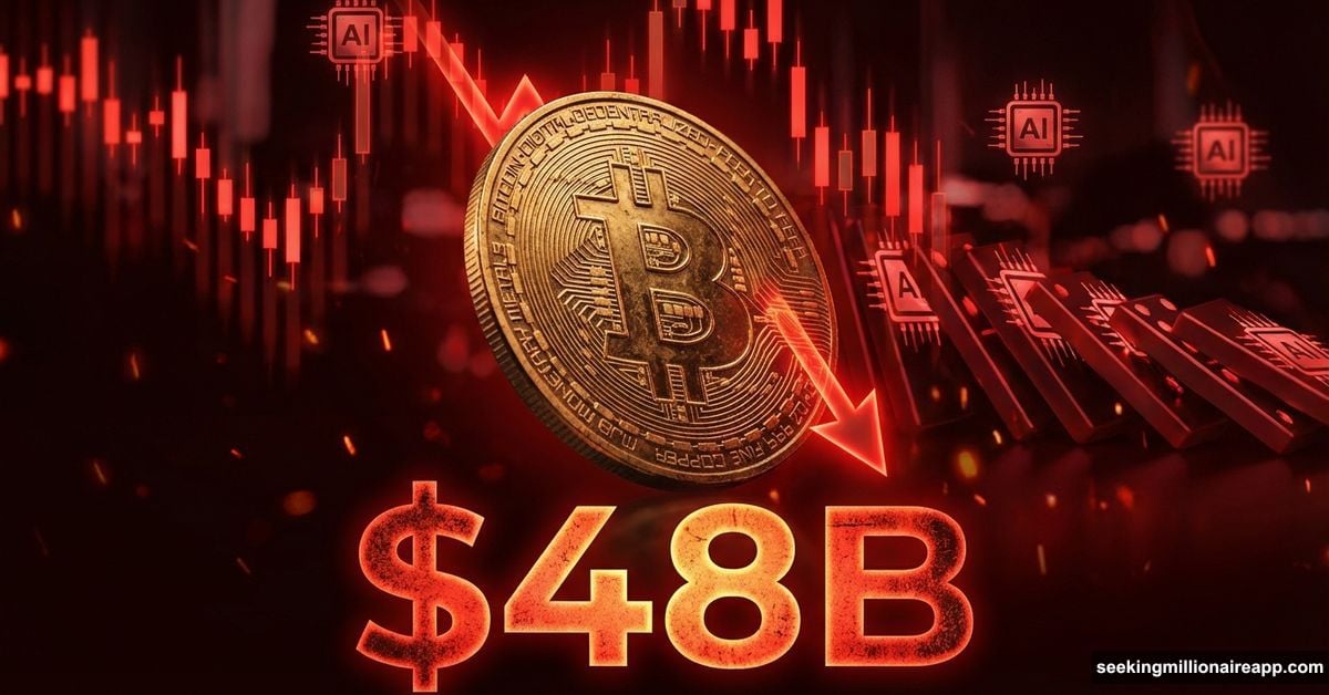 Bitcoin falling with red arrow amid crashing market charts
