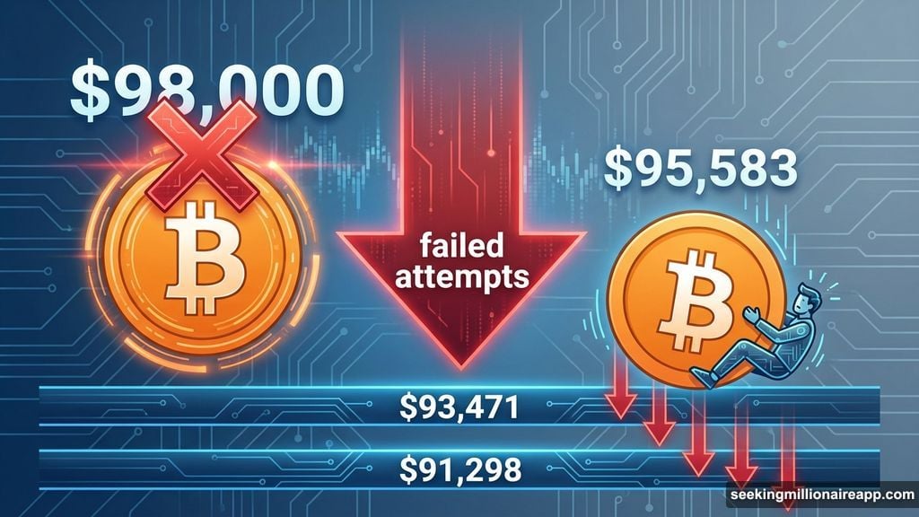Bitcoin fails to crack $98,000 despite multiple attempts