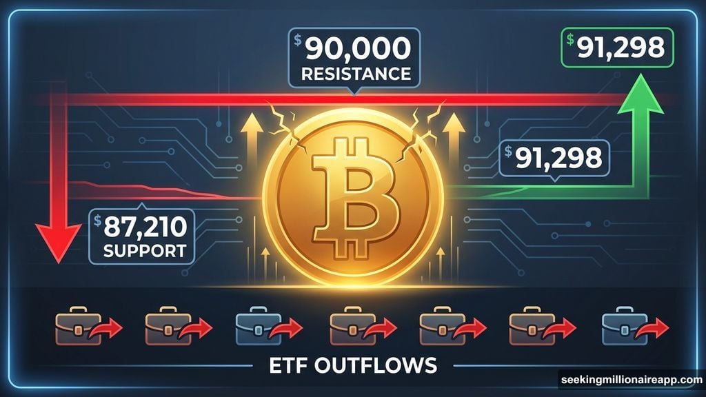 Bitcoin struggles beneath critical $90,000 level with ETF outflows