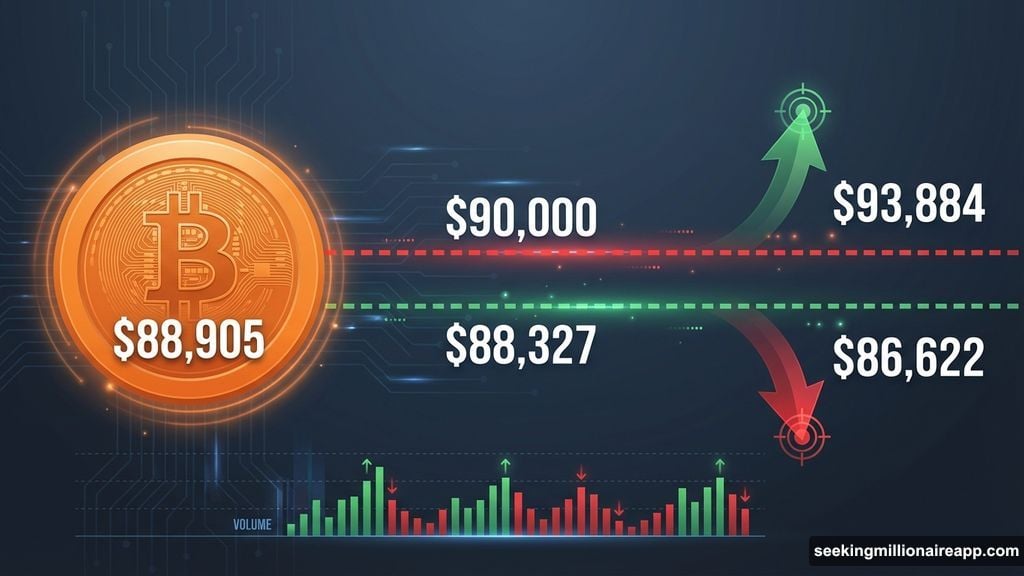 Bitcoin consolidates between $90,000 resistance and $88,327 support levels