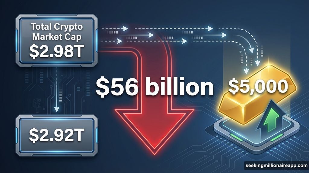 Crypto market loses fifty-six billion dollars as capital flows to safe-haven gold