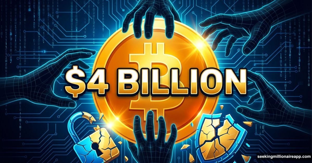 Shadowy hands stealing glowing cryptocurrency coin marked four billion dollars