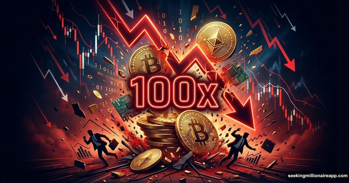 Bitcoin coins exploding with 100x leverage warning and downward crash arrow