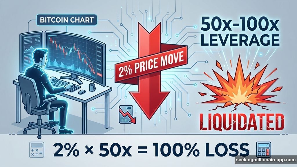 Extreme leverage at 50x to 100x turns 2% price moves into total liquidation
