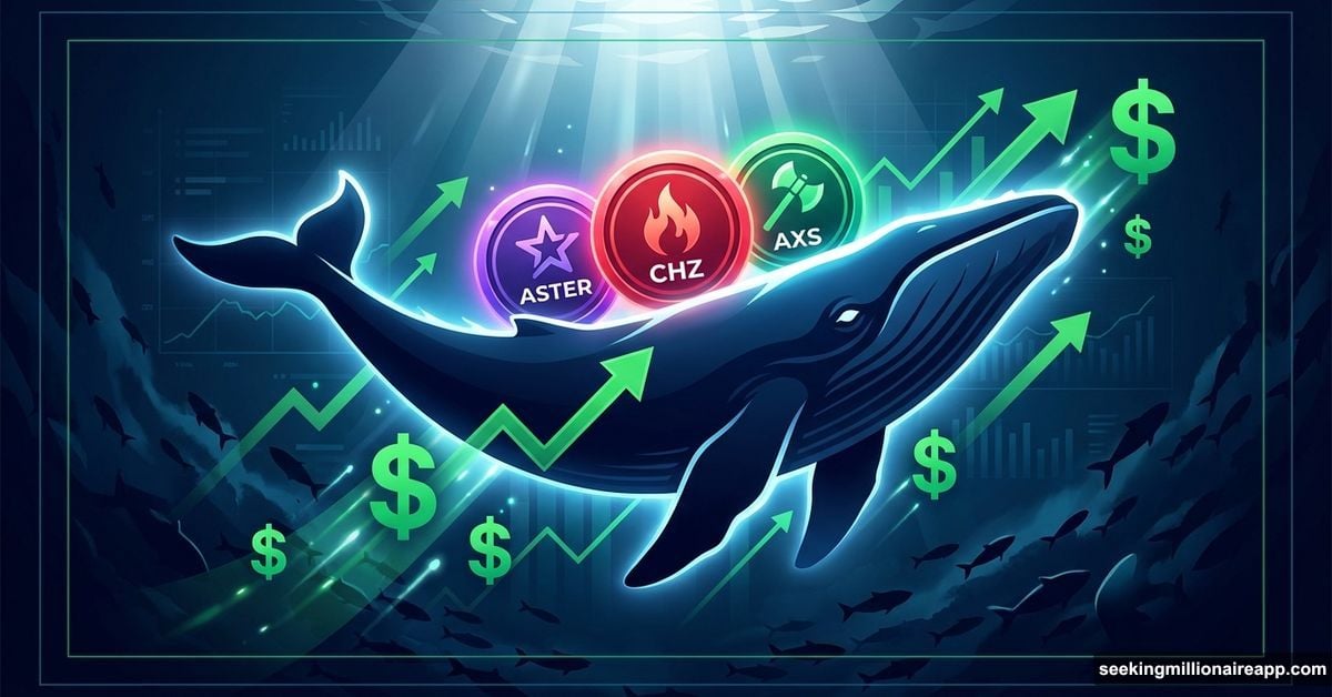 Crypto whale swimming upward carrying ASTER CHZ AXS altcoins
