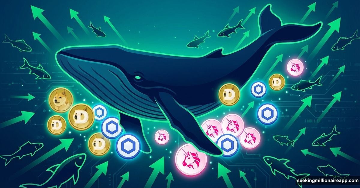 Large whale collecting crypto tokens while smaller fish chase upward arrows
