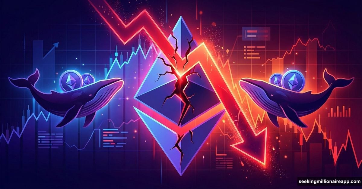 Cracked Ethereum logo with downward arrow and whales selling ETH