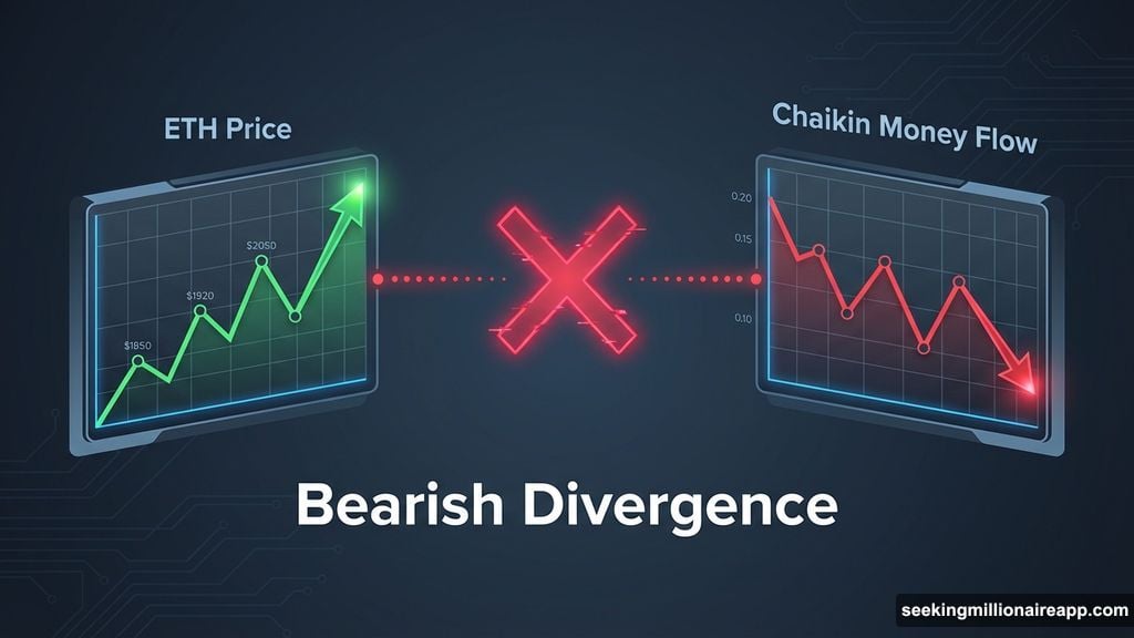 Price climbs while Chaikin Money Flow creates bearish divergence pattern