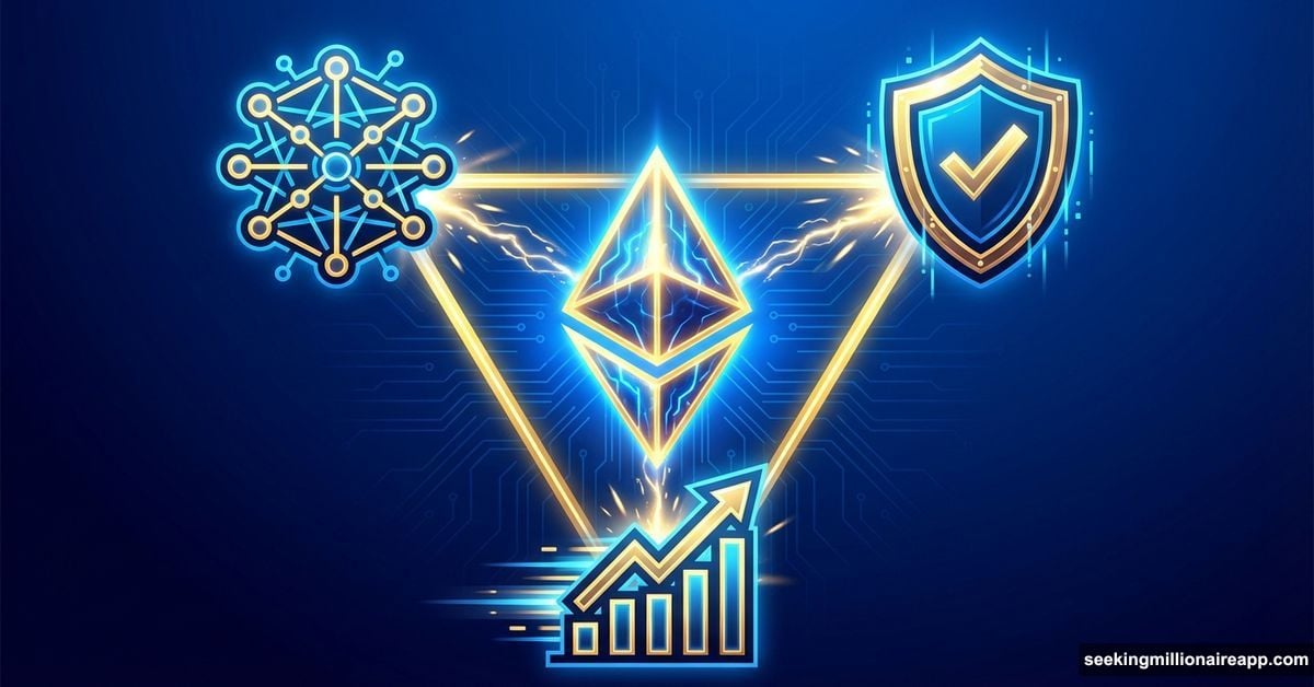 Ethereum logo solving blockchain trilemma with three balanced pillars