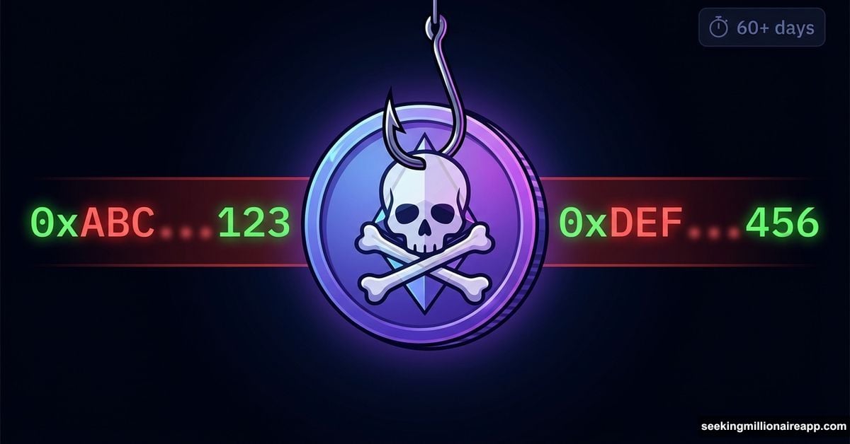 Ethereum logo with skull showing address poisoning cryptocurrency scam