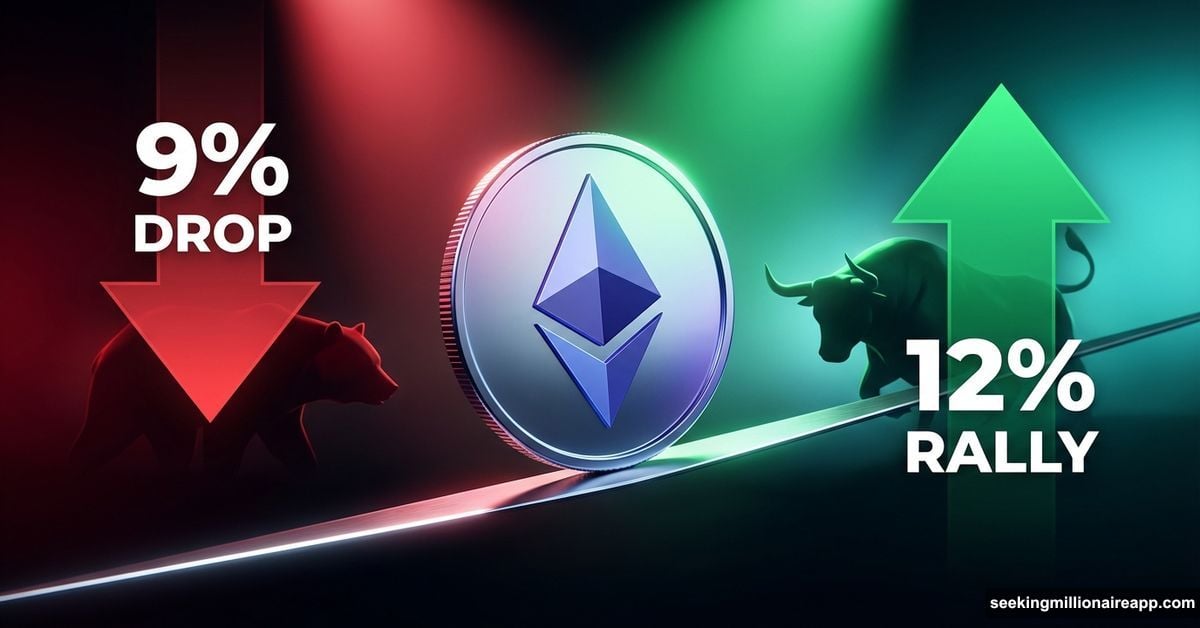 Ethereum coin balanced on edge between bearish drop and bullish rally