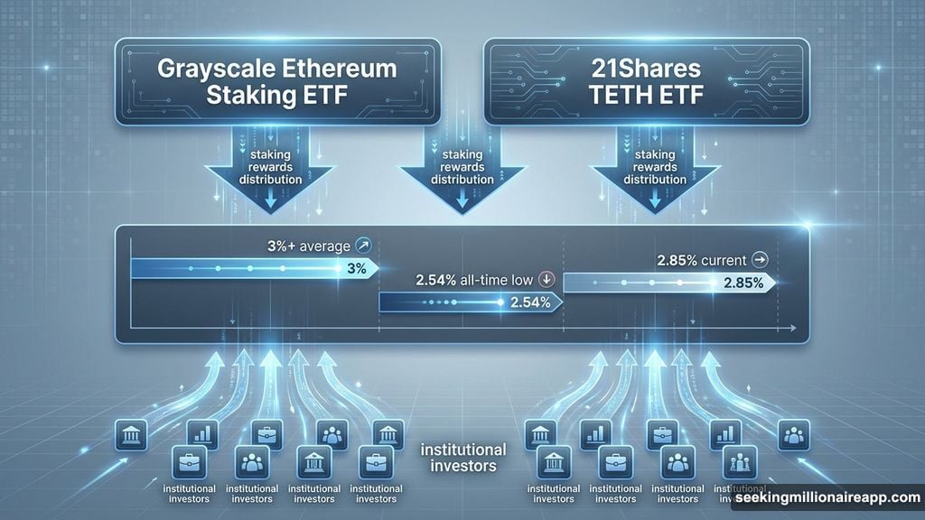 US staking ETFs distribute rewards despite record-low yields dropping to 2.54%