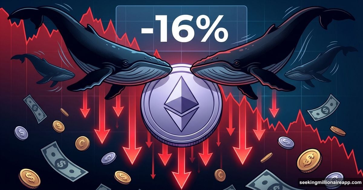 Ethereum coin crushed by whales with falling arrows and declining chart
