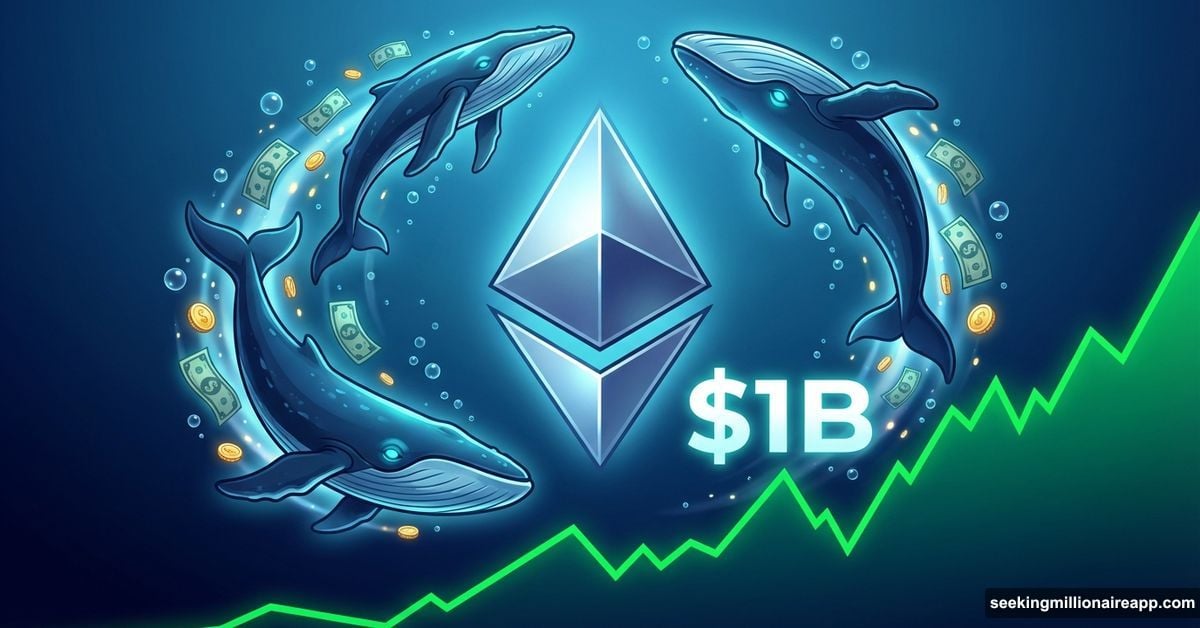 Ethereum logo surrounded by whales carrying money with upward chart