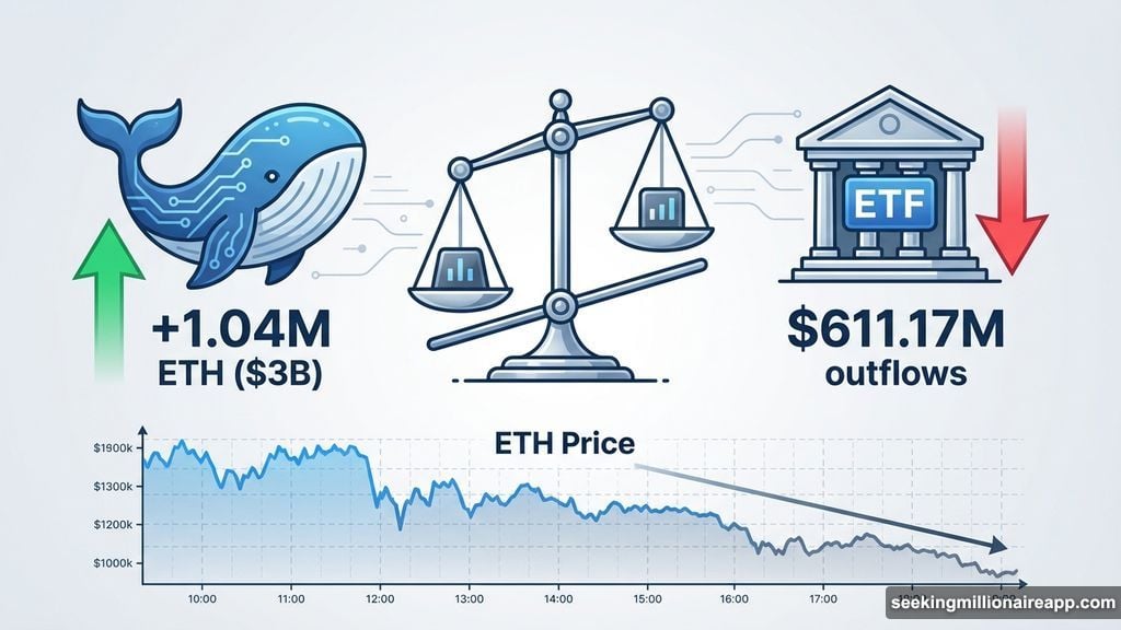 Whale accumulation met institutional ETF selling creating downward pressure