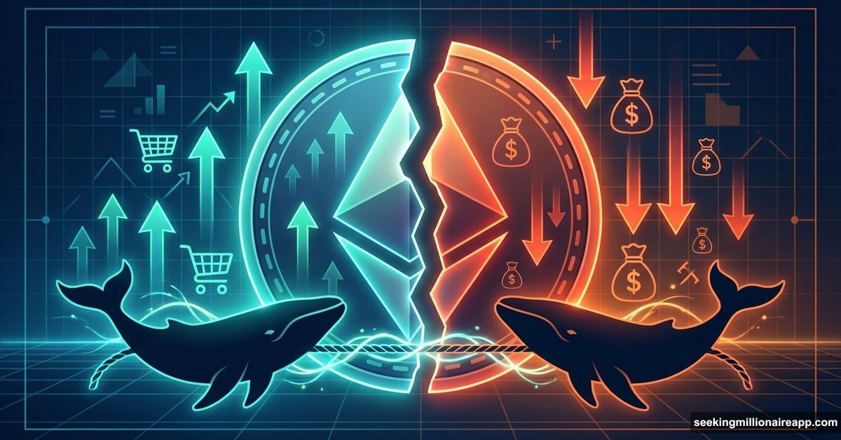 Ethereum coin split in half with whales pulling opposite directions