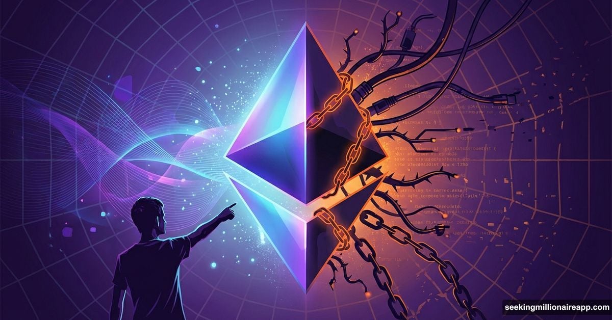 Ethereum logo split between corporate control and digital sovereignty concept