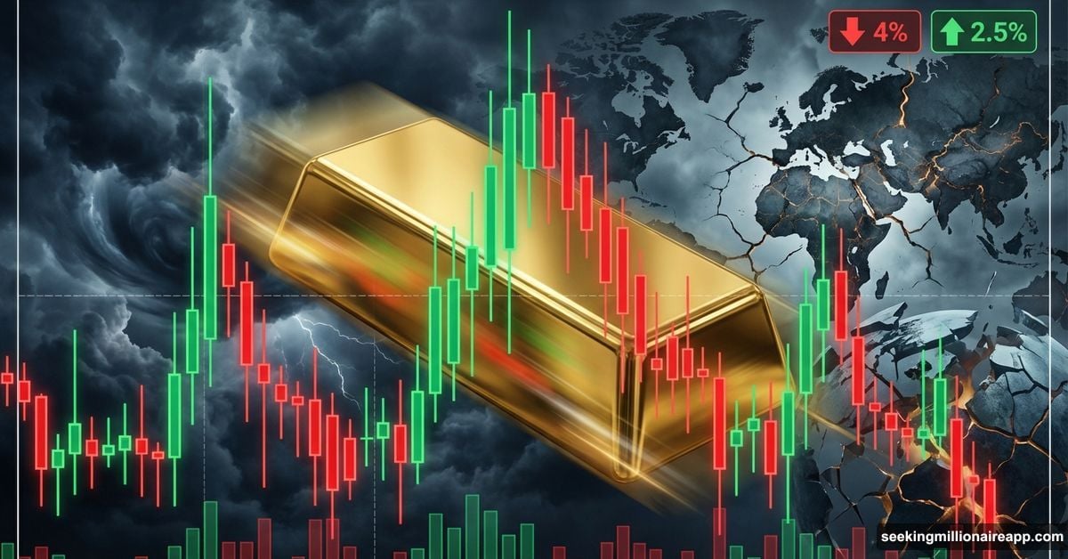 Gold bar swinging wildly over volatile price chart amid economic uncertainty
