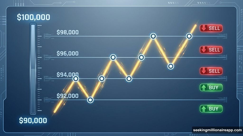Grid trading places buy and sell orders at fixed intervals