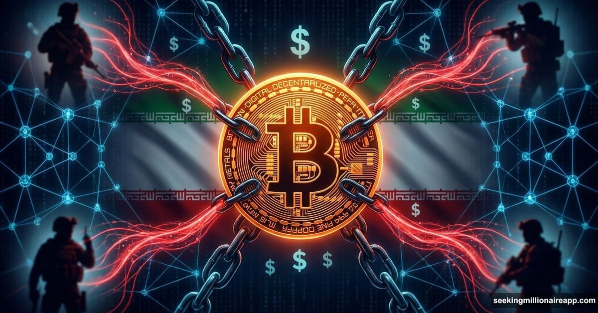 Chained Bitcoin symbol with money flows to militant silhouettes