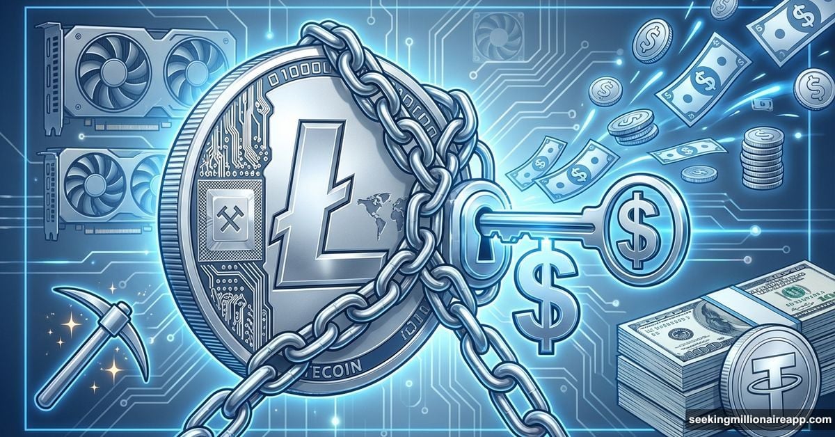 Litecoin coin chained to dollar sign unlocking cash collateral loan concept