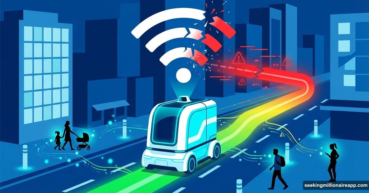 Autonomous robot navigating city street with predictive network connectivity visualization overlay
