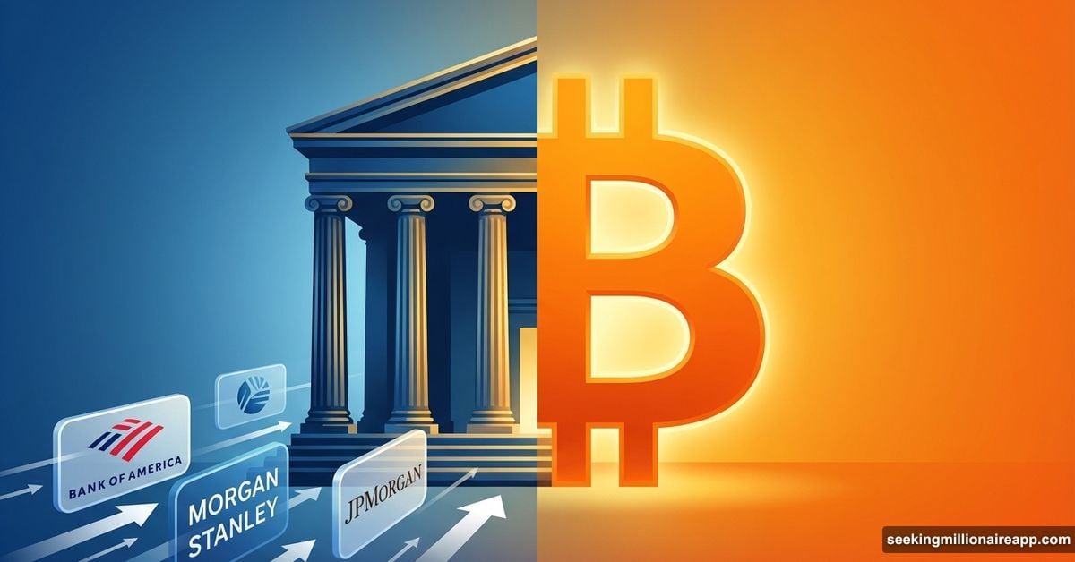 Traditional bank building merging with Bitcoin symbol representing banks adopting cryptocurrency