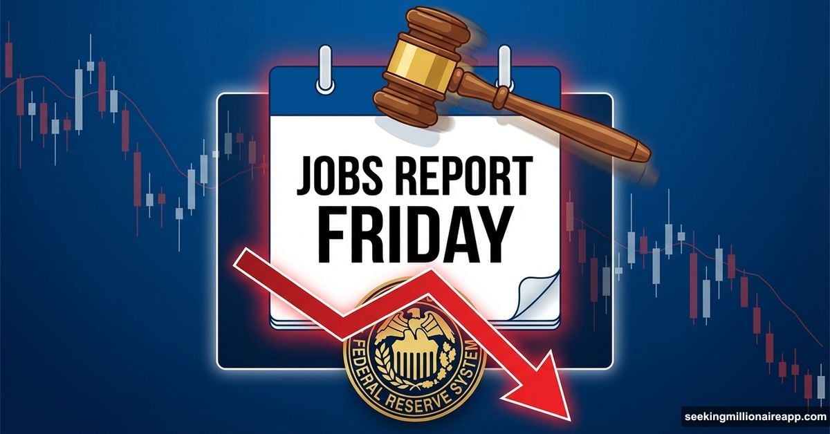 Jobs report calendar with gavel and Federal Reserve symbol