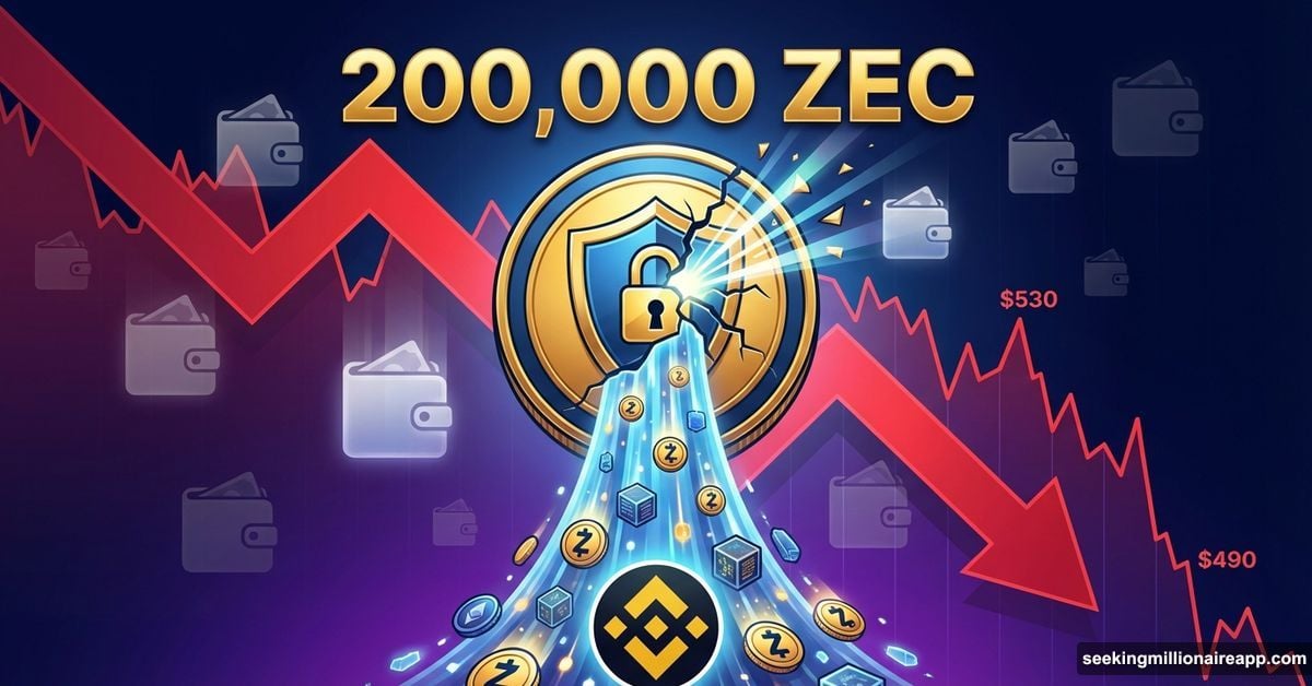 Zcash coin with broken shield pouring tokens toward exchange downward