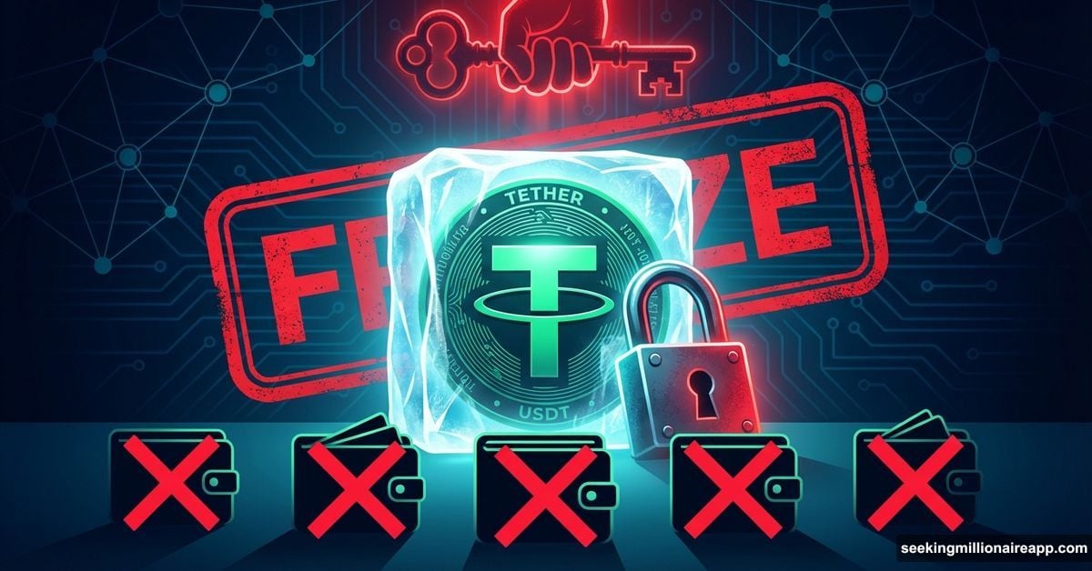Tether coin with padlock and freeze stamp over frozen wallets