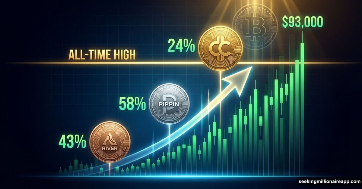 Three altcoin tokens approaching glowing all-time high barrier on upward chart