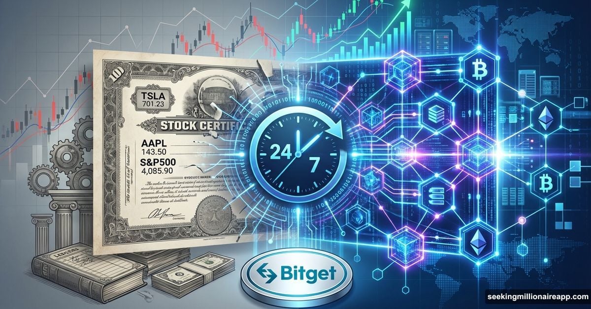 Stock certificates transforming into blockchain tokens with 24/7 trading symbol