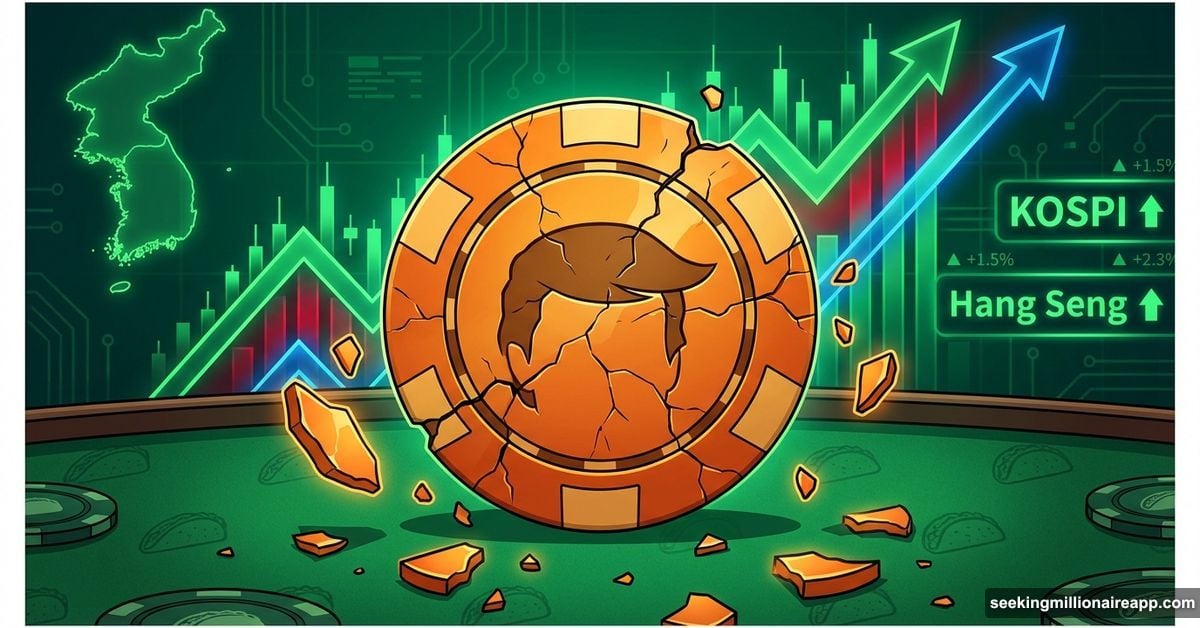 Cracked Trump poker chip on Asian stock market backdrop rising