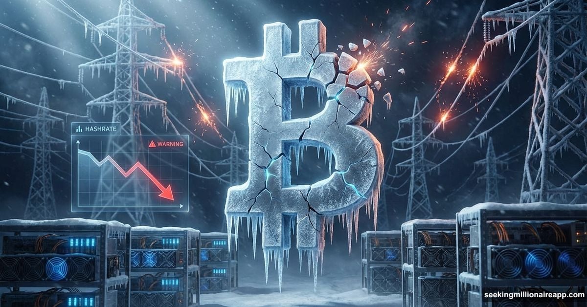 Bitcoin symbol frozen with icicles as mining rigs power down during grid crisis