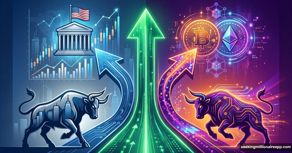 Wall Street and crypto markets rising together on split upward arrow